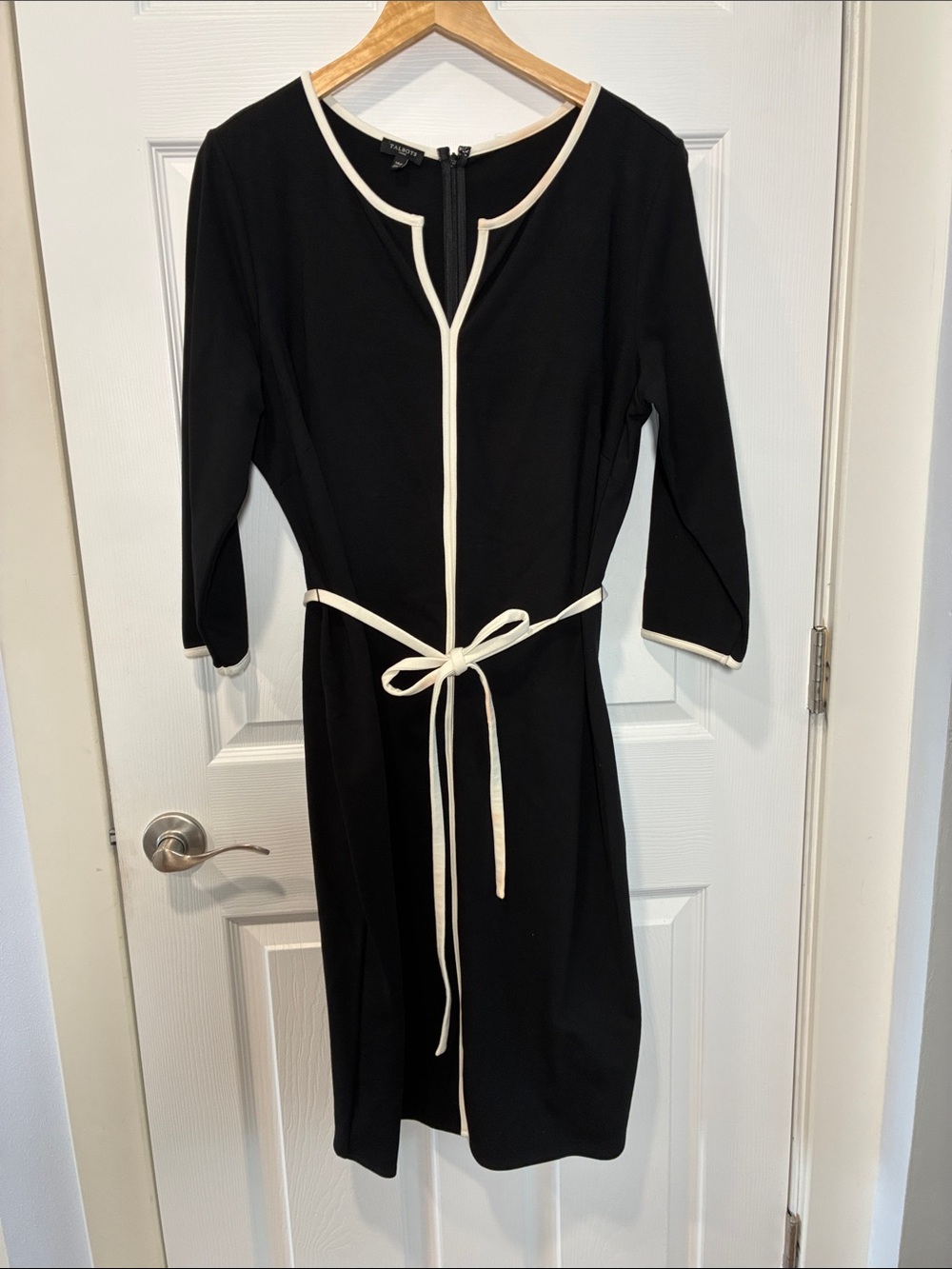 Talbots Black Long-Sleeve Sheath Dress with Cream Trim and Tie